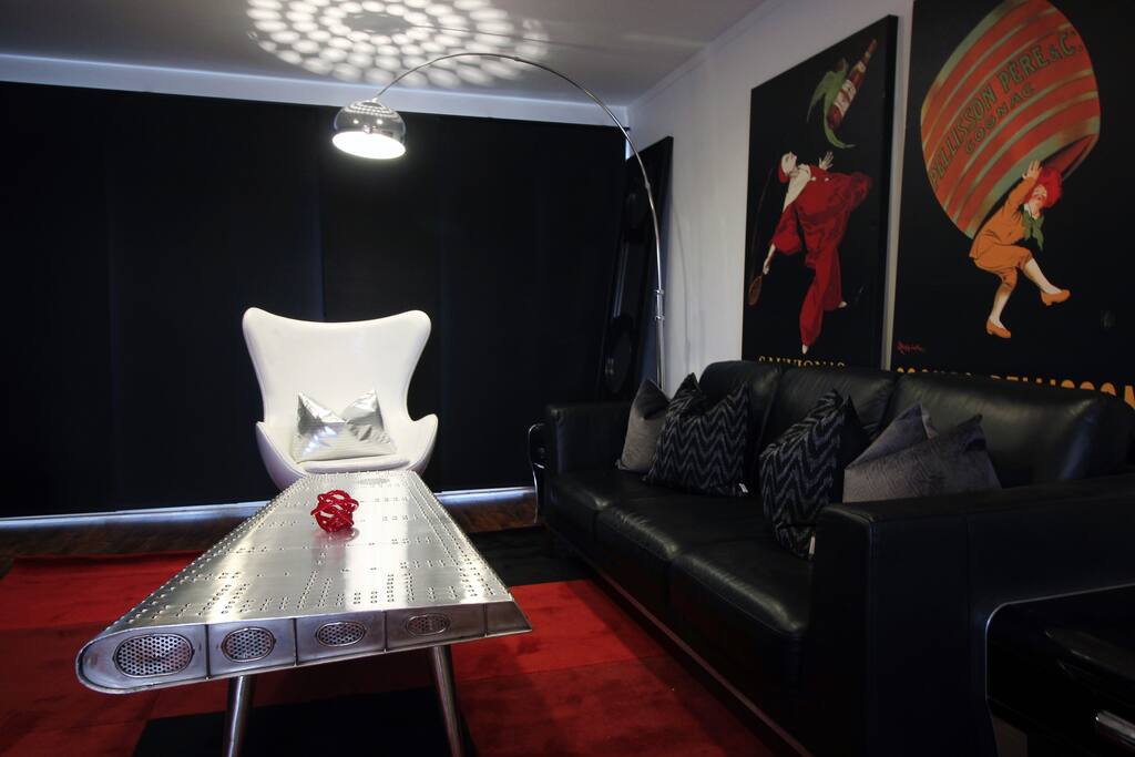 Custom blackout panels darken the living room if you'd like to nap or watch a movie.