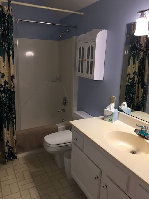 Spacious bathroom of private upstairs suite.