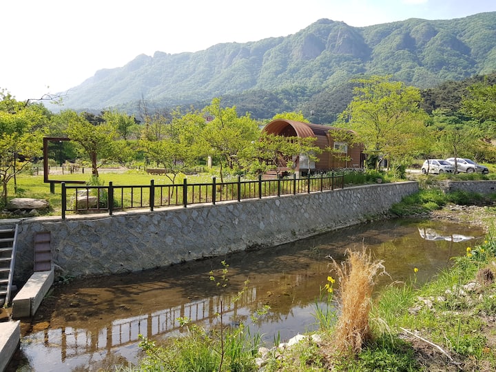 View of the flower garden and gut mountain from the creek