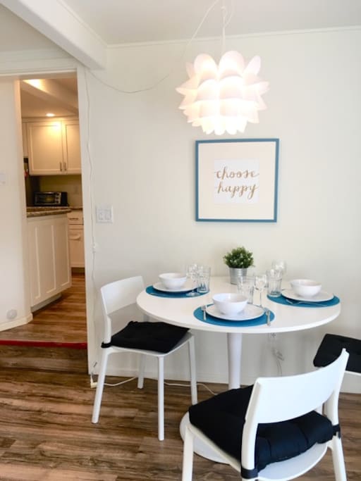 Kitchen is in a separate room (left of photo) that closes off by a door. It has tons of storage and includes microwave convection oven, Electric skillets, Blender, coffee pot, Electric Kettle, coffee (decaf adn caf) &teas (many varieties and enough kitchen gadgets to prepare full meals.