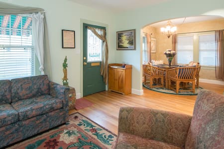 Room with queen sized bed, private bath