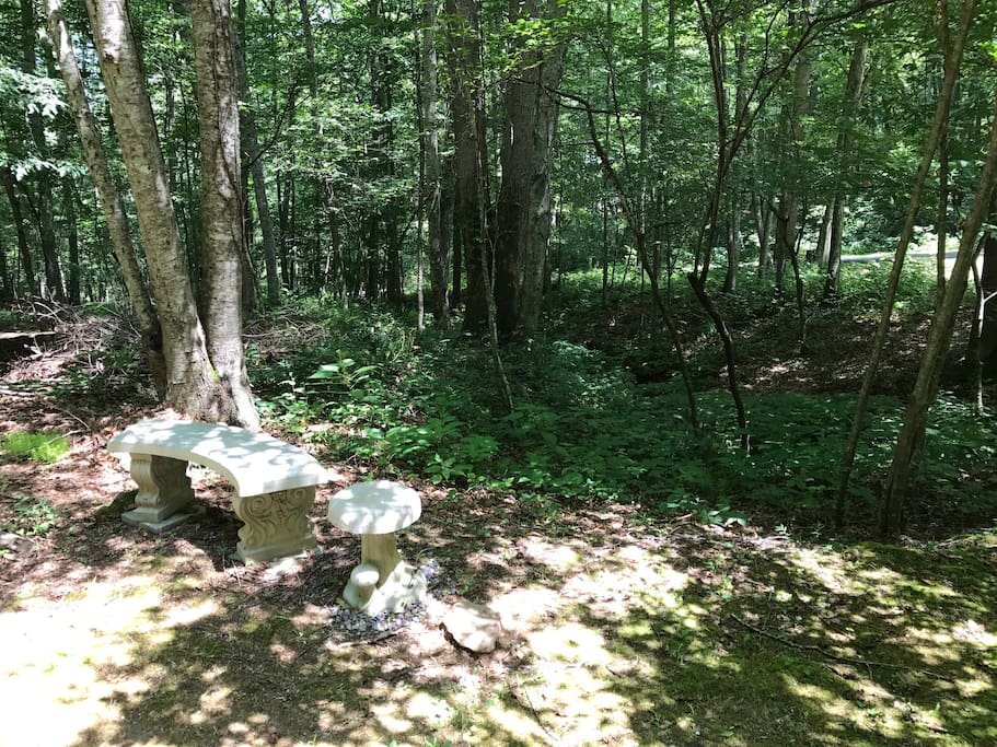Sit a while before continuing down the path to the fire pit.