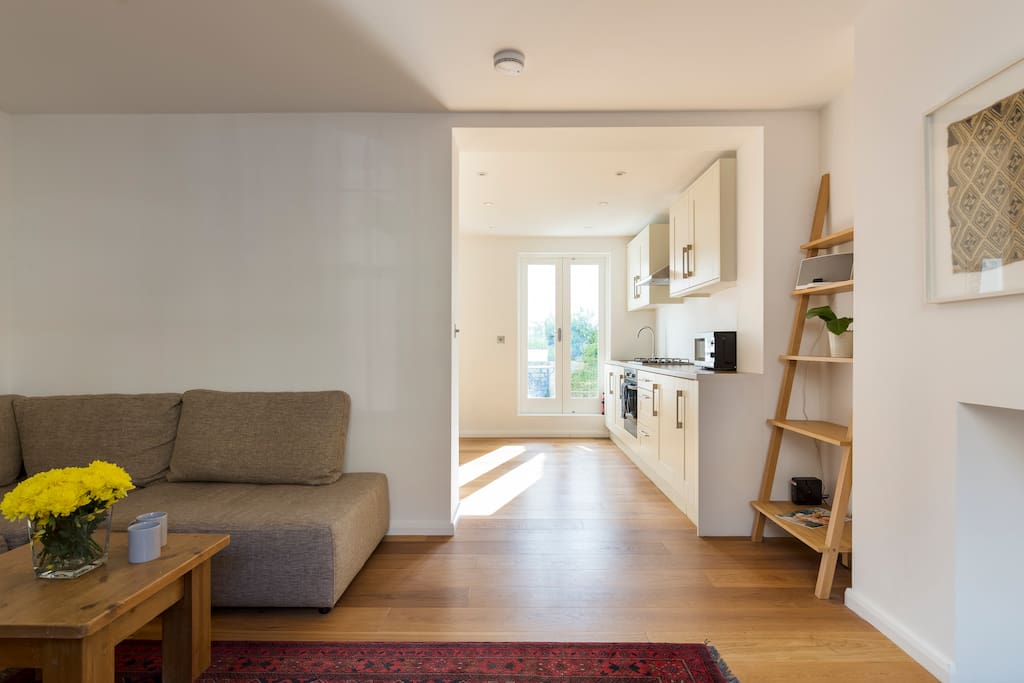 Living room and kitchen, looking towards the garden.