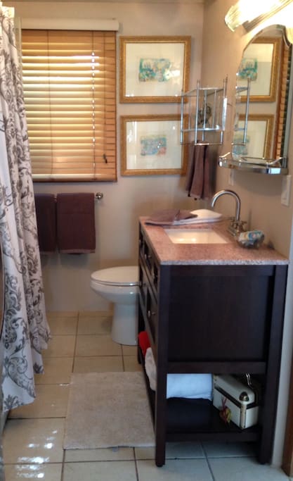 Private bath with shower and dual shower head with spray attachment.