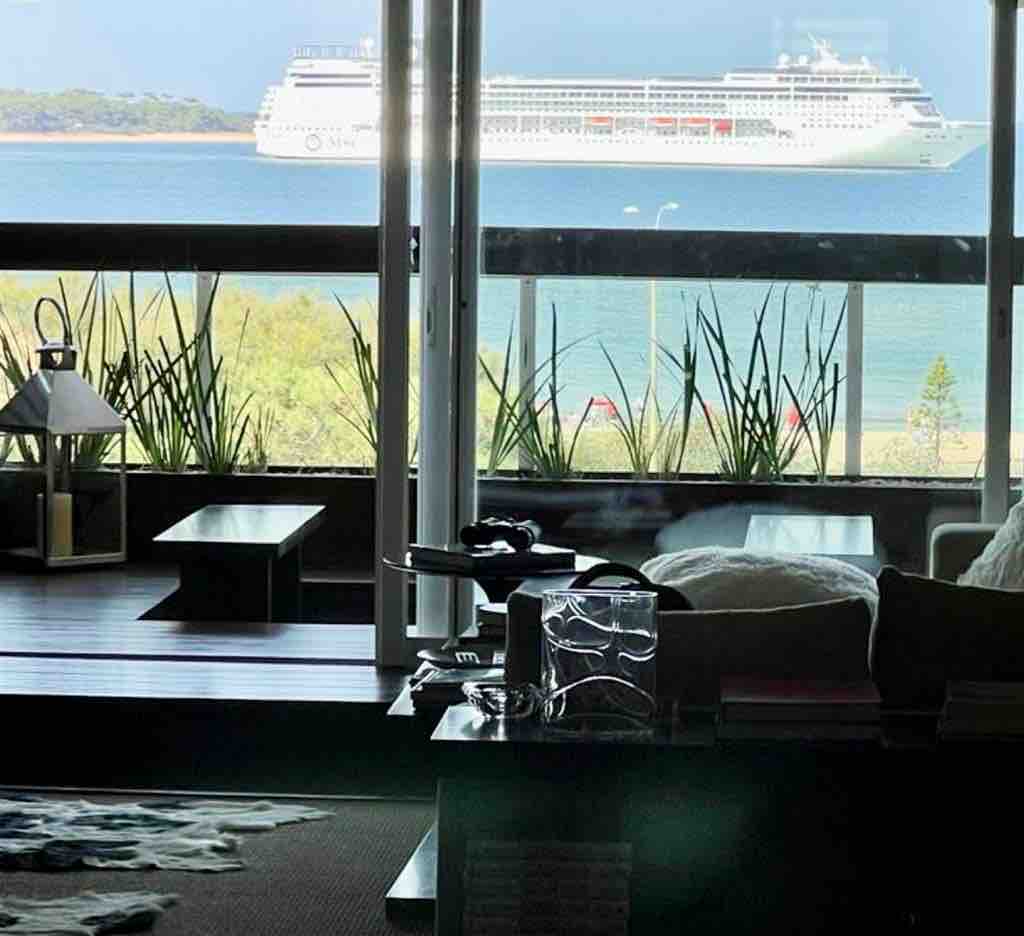 A serene view from the apartment showcases a large cruise ship gliding across the calm waters. The outdoor balcony is adorned with lush plants, while the interior features a cozy seating area and a wooden table. Natural light enhances the inviting atmosphere.