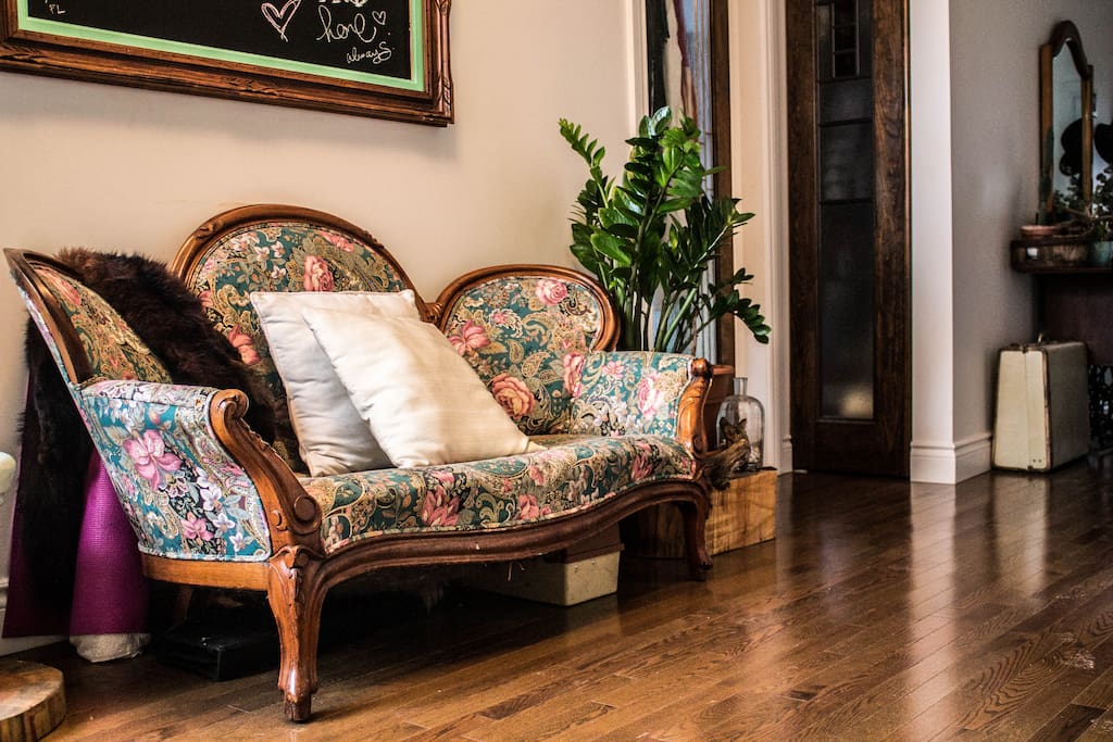 A vibrant and comfy chair to read a book on, drink a coffee, or call an über before a night out on the town.