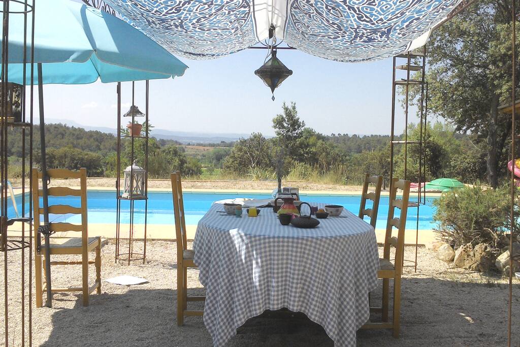 table au soleil devant la piscine