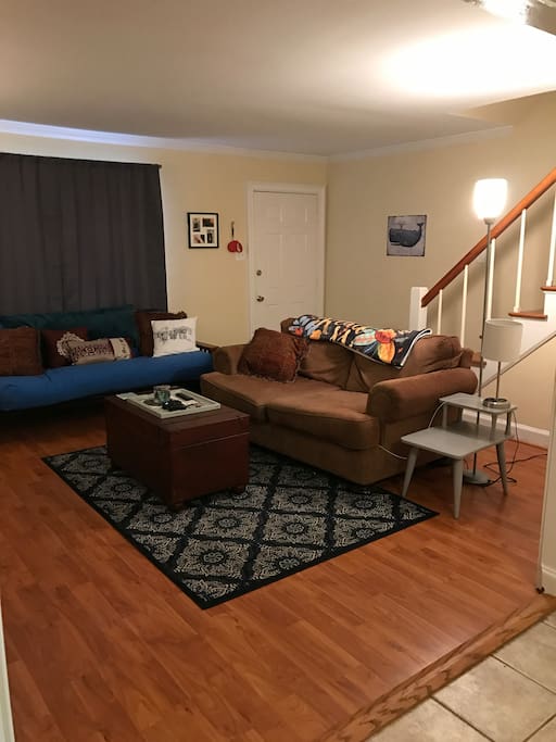 Living room. Front door. Futon can be pulled out and made into a full bed (very comfortable). Couch is also very comfortable to sleep on. Plenty of open space to bring air mattress and sleep in living room.