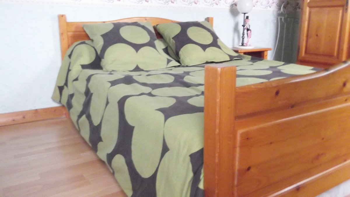 A spacious bed is dressed in a bold green and black patterned duvet, complemented by matching pillows. The wooden frame adds a natural touch, and a bedside lamp is visible on a nightstand nearby. Light-colored walls create a bright, uncluttered atmosphere.