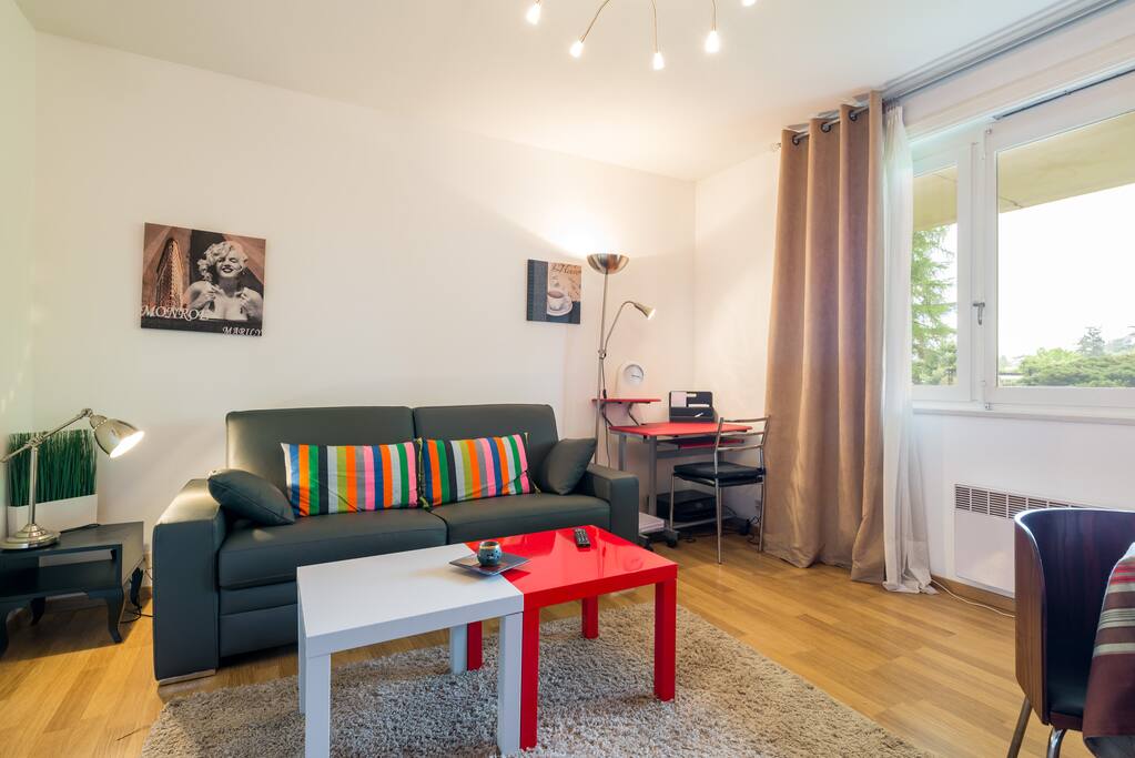 le salon .le canapé se transforme en li.