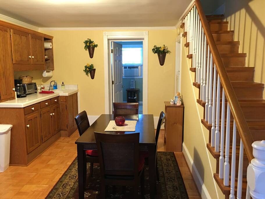 Kitchen area, microwave, small refrigerator, coffee maker, etc.