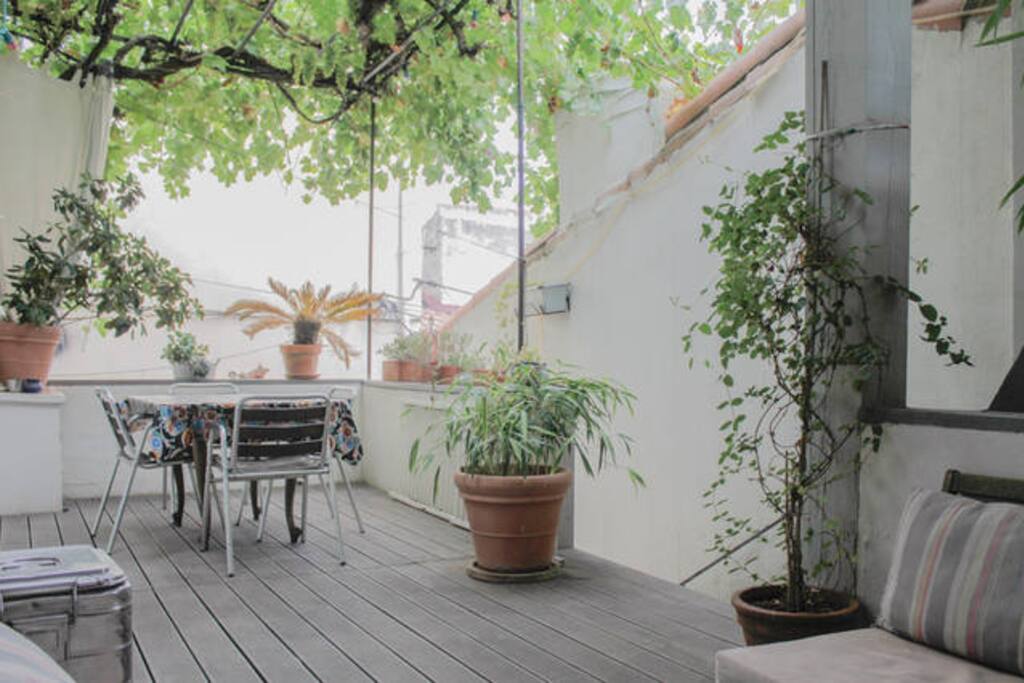 Terrasse calme et ombragée, coin repas - Niveau 1
