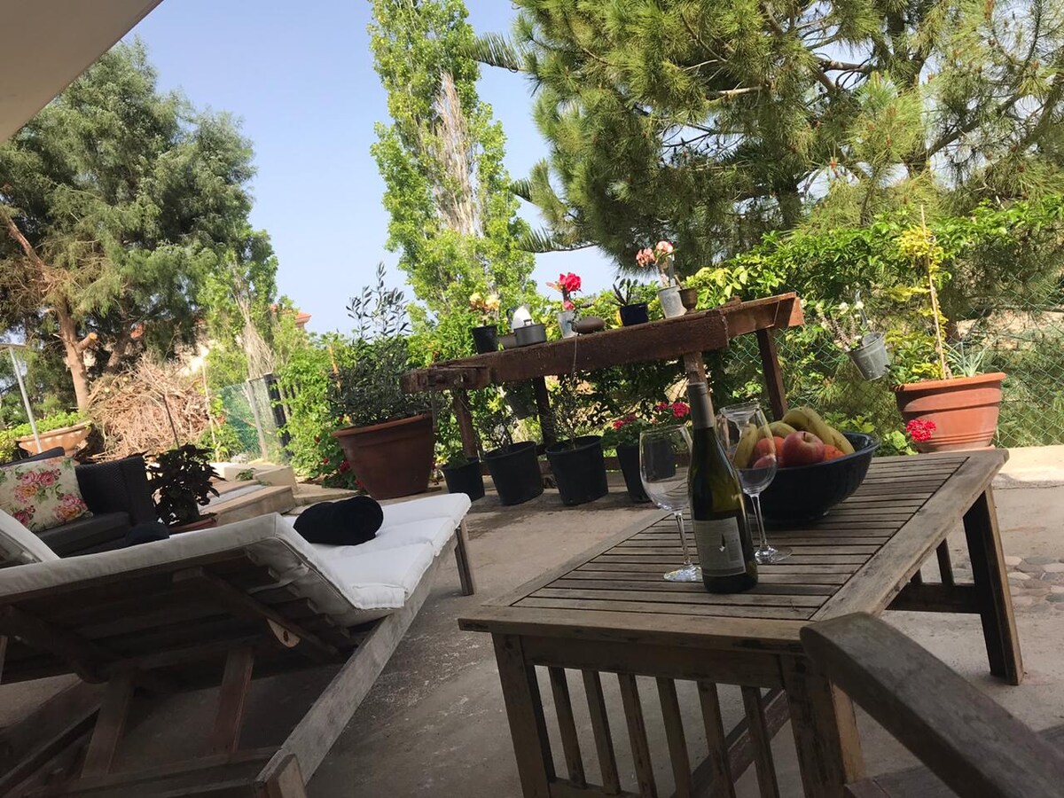 A sun-filled veranda features comfortable sun beds and a wooden table adorned with a bowl of fruit and a bottle of wine. Surrounding planters with various flowers and shrubs create a natural backdrop, while tall trees offer additional greenery.