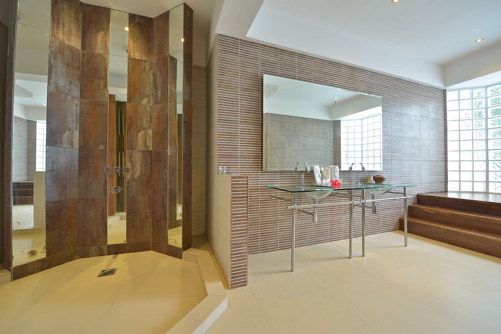Modern spacious master bathroom with rain shower and bathtub