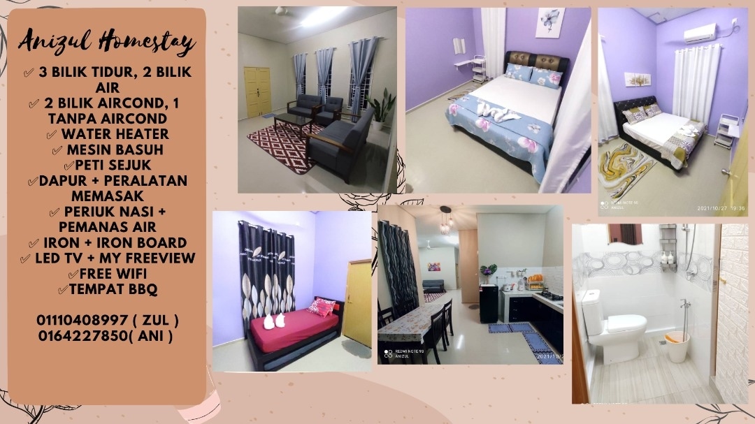 The image showcases the interior of Anizul Homestay, featuring three neatly arranged sleeping areas with bedding, chairs, and decorative elements. The layout includes a modern bathroom with a water heater, alongside a functional kitchen and dining space equipped with essential appliances.