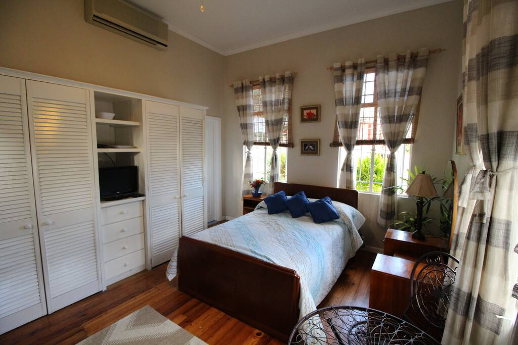 Cupboards and drawers for guests. Small TV included with cable channels.