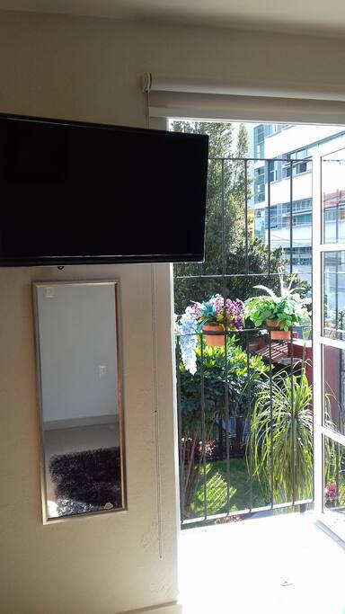 Hermosa vista a jardin con fuente.