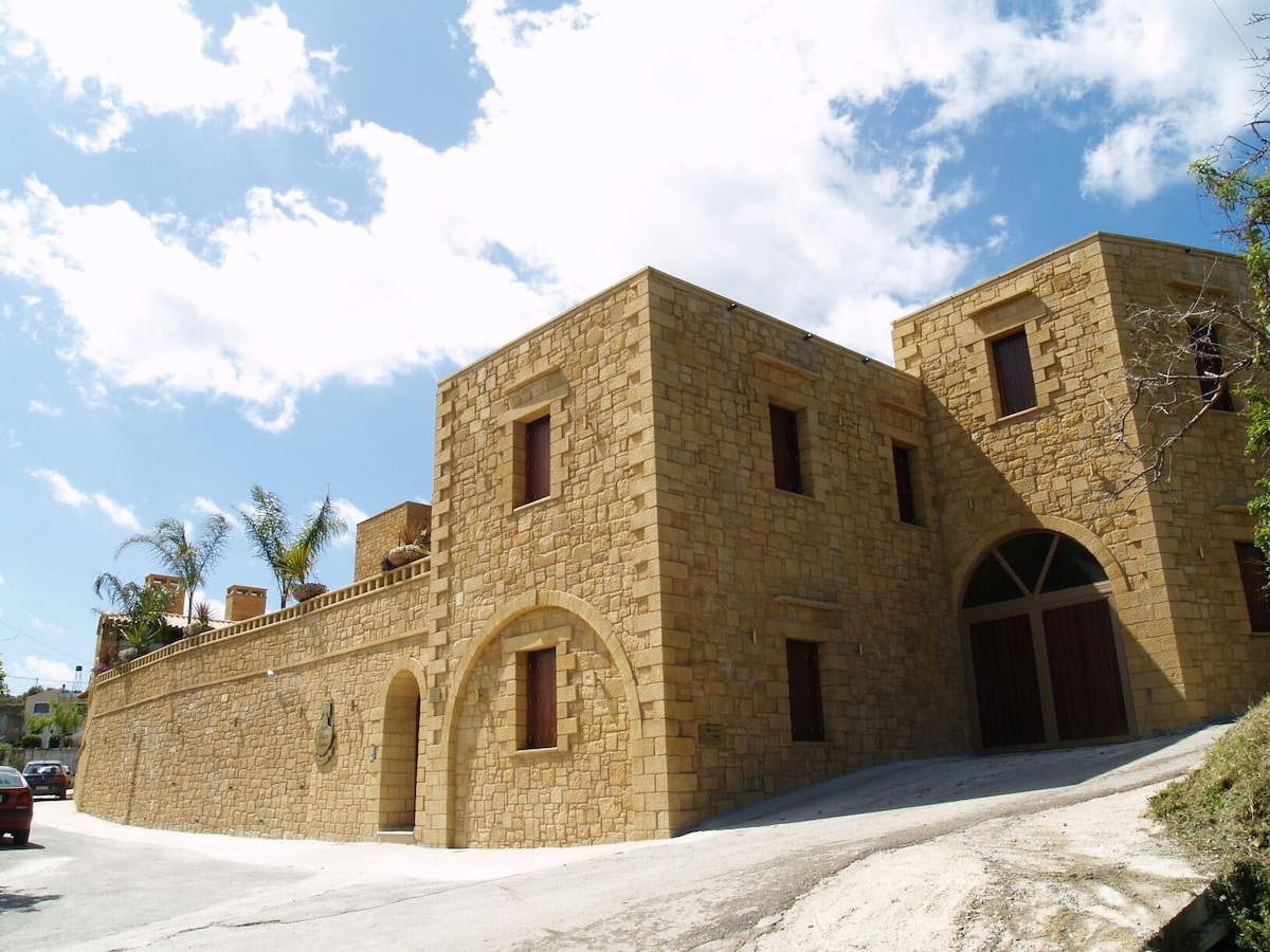 The exterior of the stone castle features a structured façade with large windows and wooden accents. Palm trees and greenery line the pathway leading to the entrance, under a bright blue sky with scattered clouds.
