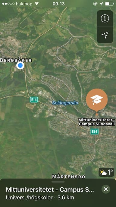Karta med utsatt vart huset är i förhållande till Mittuniversitetet.