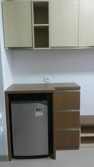Mini Refrigerator, iron board and cupboard