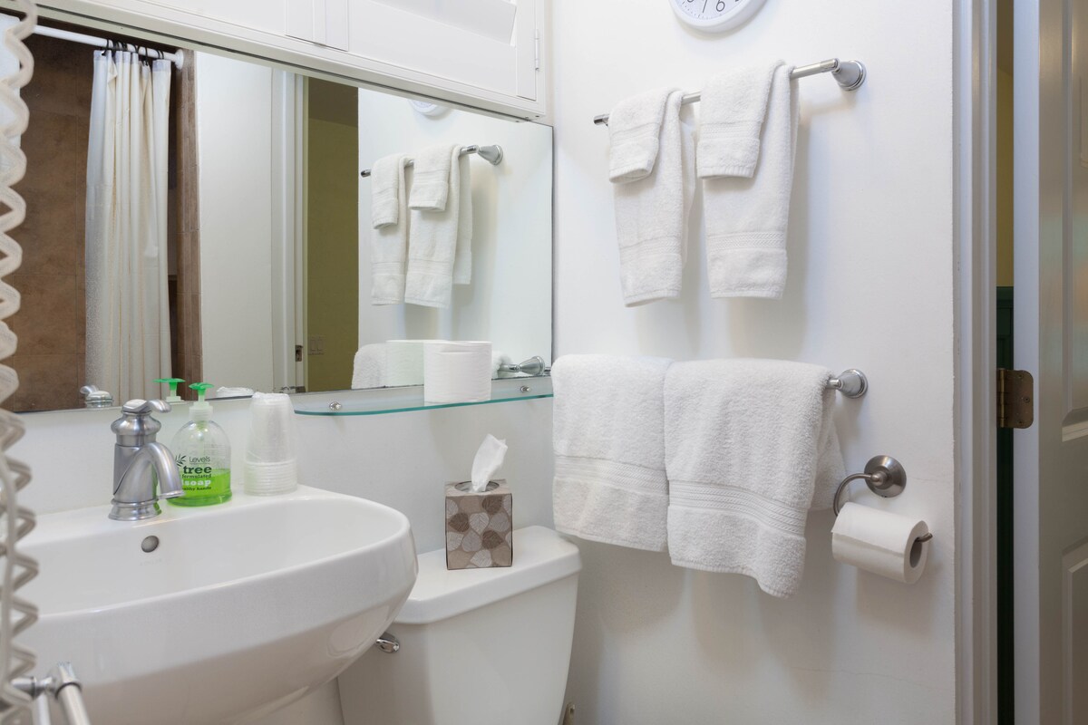 The bathroom features a clean, functional layout with a white sink and toilet. Fresh, white towels are neatly hung on chrome holders. A glass shelf displays toiletries, while a small tissue box and toilet paper roll are positioned for convenience.