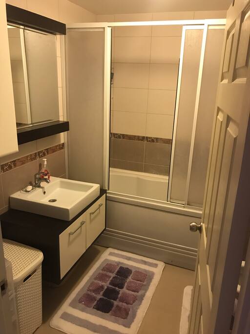 The first bathroom (toilet is not seen but stays on the right side)