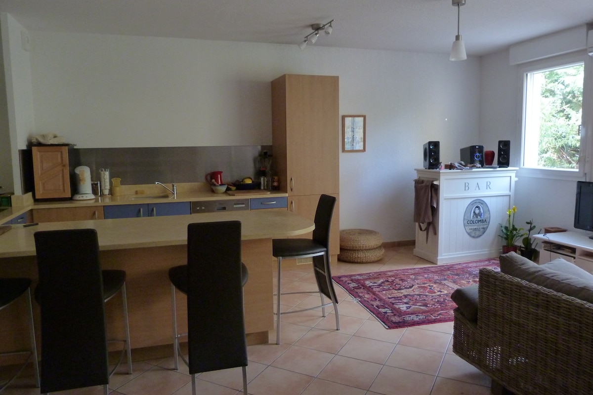 An open living area is presented, featuring a kitchen with modern appliances, including a large countertop and bar seating for four. A small seating area is visible, with a patterned rug on the tiled floor, while a window brings in natural light.