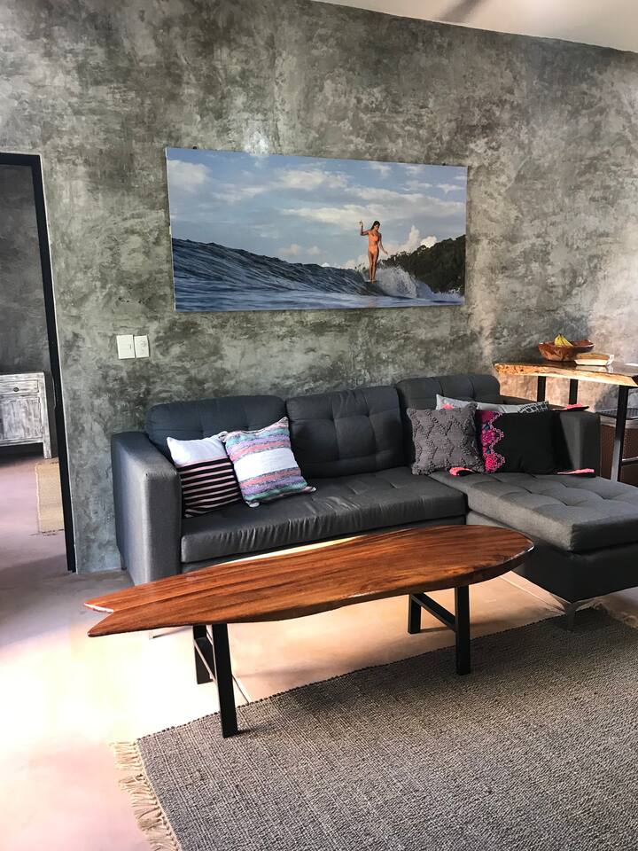 Living area  - The surfboard table was made by my husband and the entire place! 