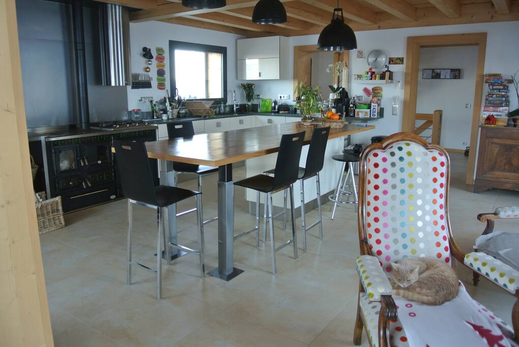 La vaste cuisine (30m2) avec son ilot pour repas et sa cuisinière à bois moderne