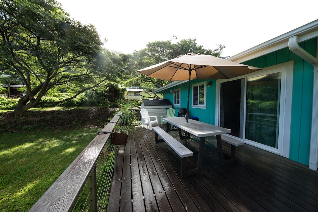 Great views of the yard and mountains from the great big deck amazing for eating outside, barbecuing and viewing the moon and stars at night!
