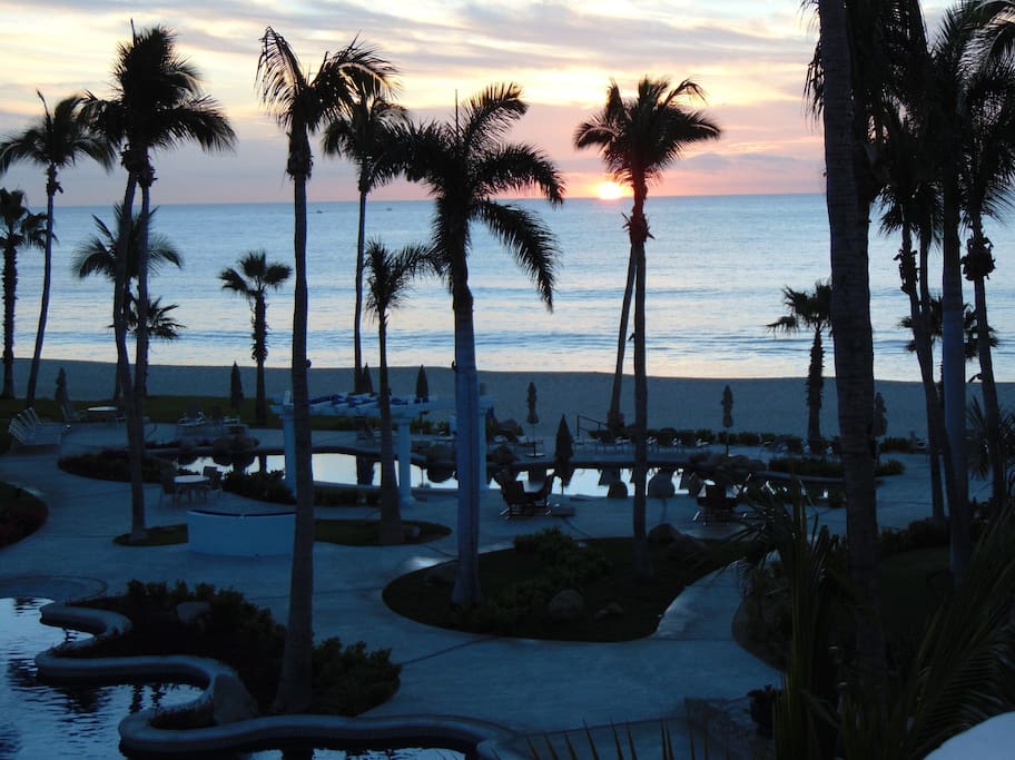 A dusk photo from the patio of the unit in December