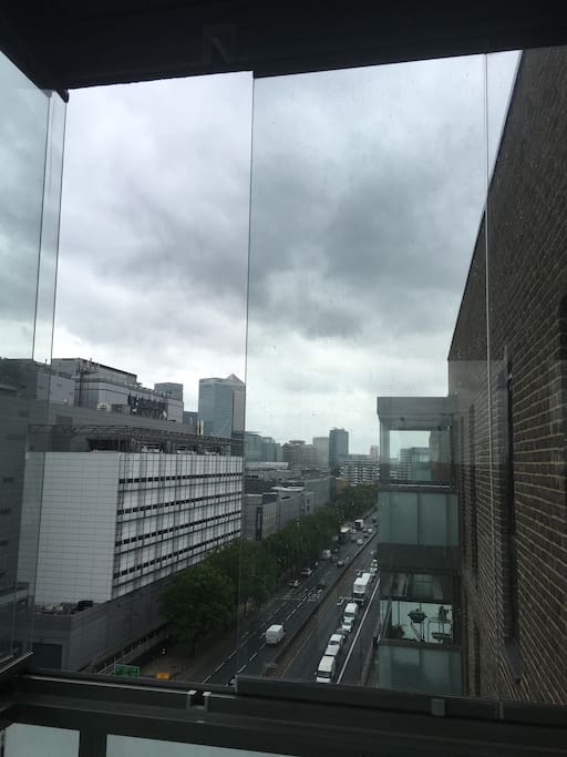 Enclosed balcony looking at Canary Wharf