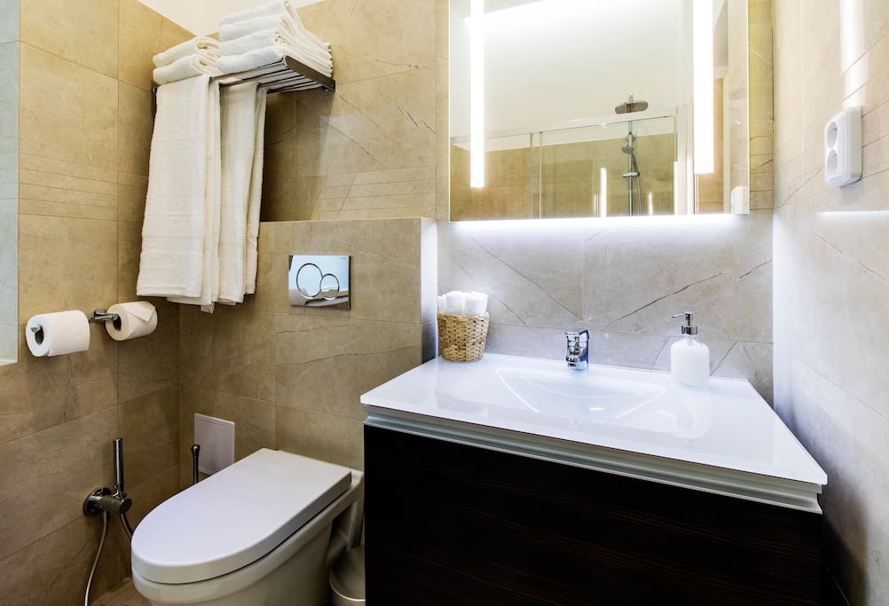 fully equipped bathroom with shower, shampoos, soaps, shower gels, and towels