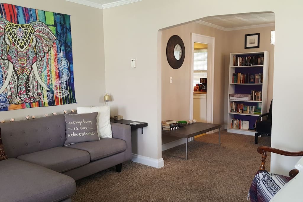 Enter into living room replete with TV, DVDs, boardgames, hand weights, and resistance bands--all available to make your stay enjoyable and memorable! Couch can sleep one guest.
