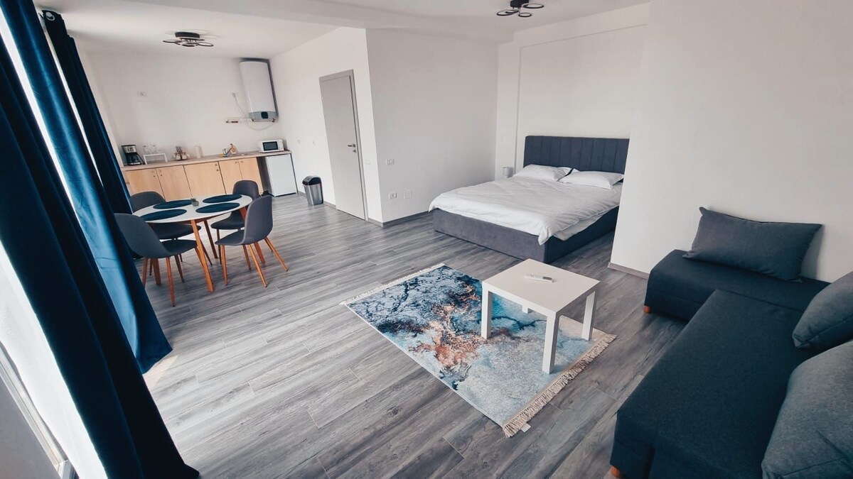 A spacious studio area showcases a minimalist design, featuring a comfortable bed with gray bedding. A small dining table with chairs sits adjacent to a kitchenette. A light-colored rug adds texture to the floor, complemented by a dark sofa and large windows with blue curtains.