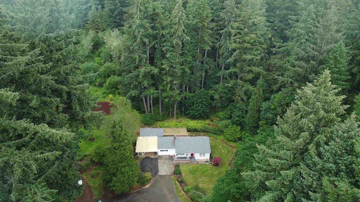 The guesthouse is positioned amidst a lush landscape of mature Douglas Fir trees. The property features a driveway that leads to a modest structure, with patches of greenery surrounding the home, creating a serene and secluded setting.