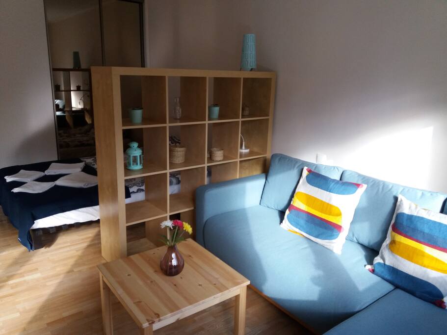 Comfortable bed and large sofa / Wygodne łóżko i duży narożnik