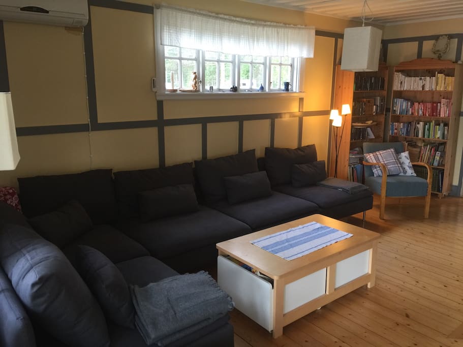 Living room with big, comfortable sofa, fireplace and flatscreen TV