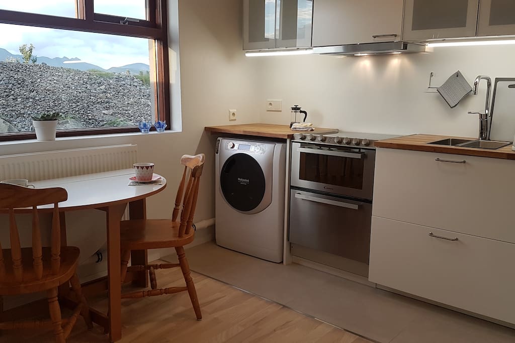 Kitchen with washer/dryer, stove/oven/dishwasher, sink, fridge etc.