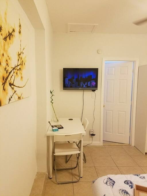 Desk/table and TV - We don't offer cable tv but you have connection to Netflix, Amazon, Hulu, HBO Go etc...