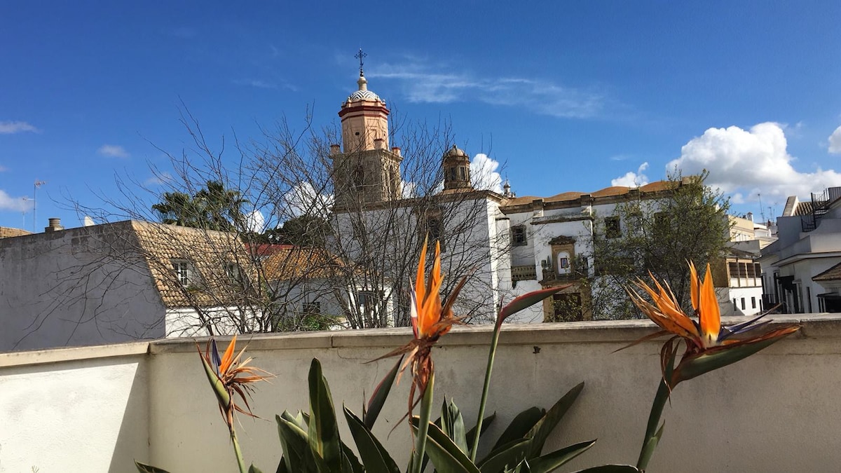Vibrant bird of paradise flowers are framed against a backdrop of whitewashed buildings and a historic tower. A clear blue sky with scattered clouds enhances the view. The image captures the charm of the surrounding architecture in a tranquil setting.