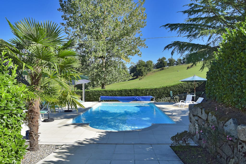 The pool, large terrace, dining area, roman steps, beds & umbrellas
