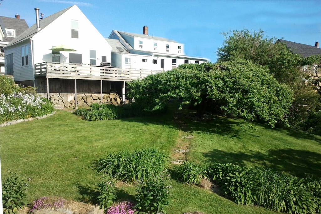 Backyard view of house from shoreline. One of the biggest in-town lots!