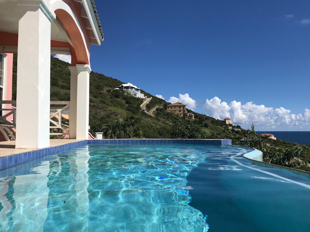 A stunning infinity pool is depicted, seamlessly blending with the horizon. The clear water reflects the bright sky and surrounding hillside. Lush greenery and distant buildings can be seen, enhancing the tranquil outdoor space. The scene captures the natural beauty of the location.