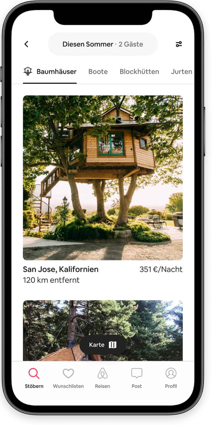 Durchsuche Inserate in der Airbnb-App nach Baumhäusern.