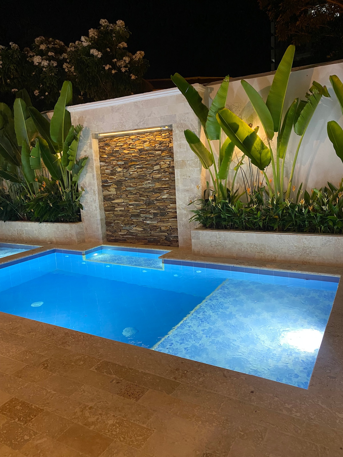 A serene swimming pool is illuminated in a calming blue hue, complemented by softly glowing lights along the edges. Lush green plants line the perimeter, and a natural stone wall adds texture to the space, creating a tranquil atmosphere for relaxation.