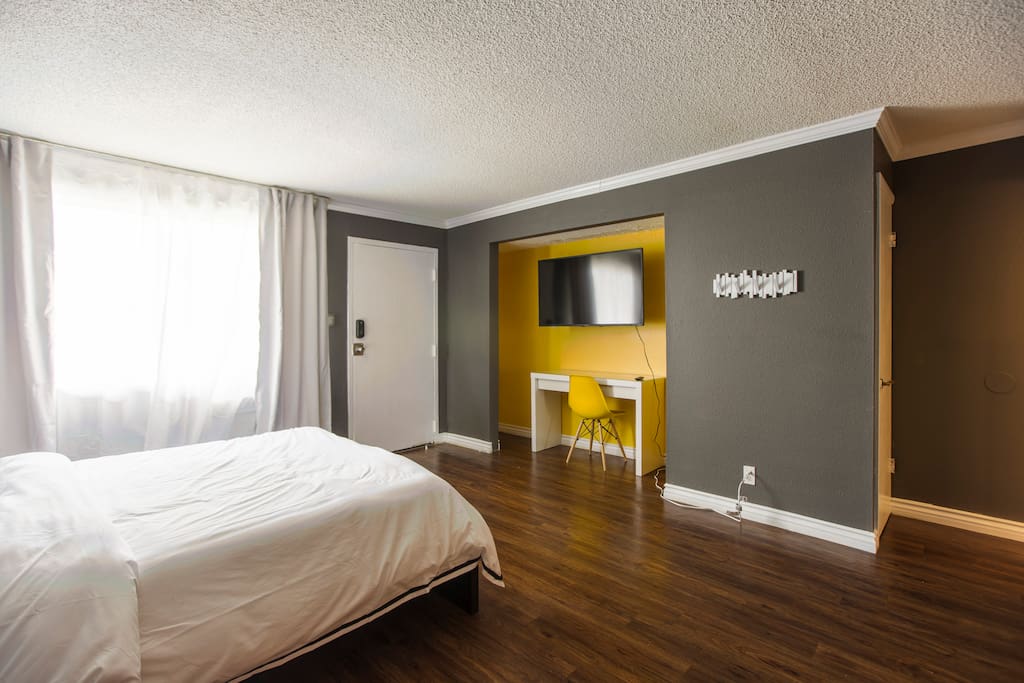 Queen bed with premium mattress.