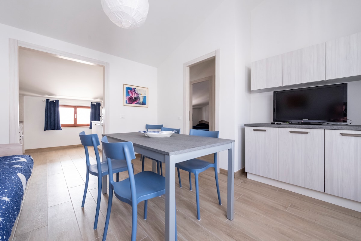 A dining area is shown with a rectangular table and six blue chairs. Light wood flooring is complemented by a modern cabinet and a television on the wall. A window with dark curtains allows natural light to fill the space. A separate room is visible in the background.