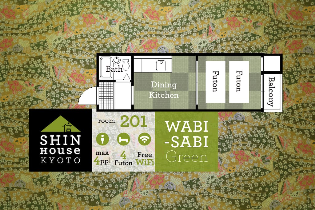 Renovated authentic Japanese room in stylish WABI-SABI Green tone for 2-4 people