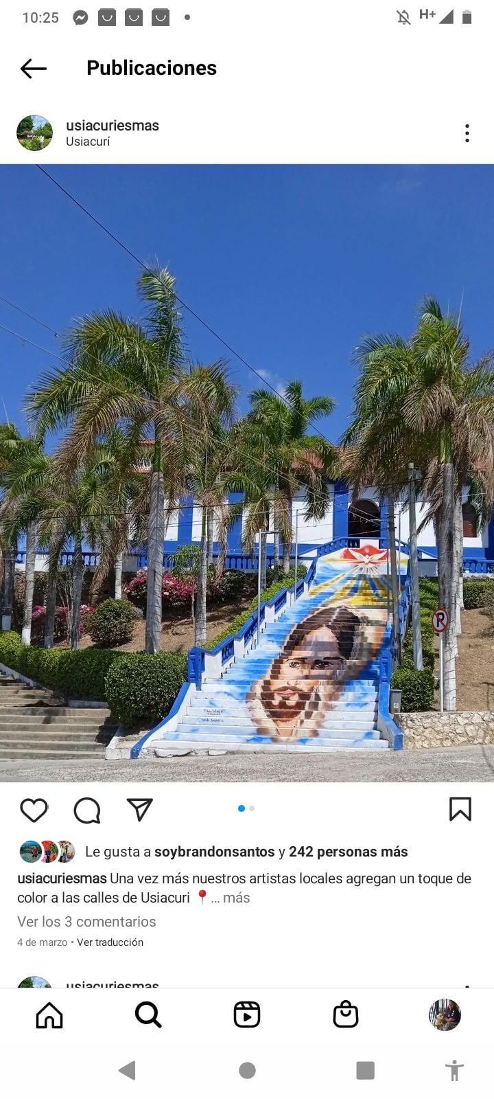 A vibrant mural is displayed along a wide staircase, depicting a woman's portrait. Lush palm trees surround the staircase, and a clear blue sky forms the backdrop of the scene. The colorful art contributes to the lively atmosphere of the Usiacurí community.